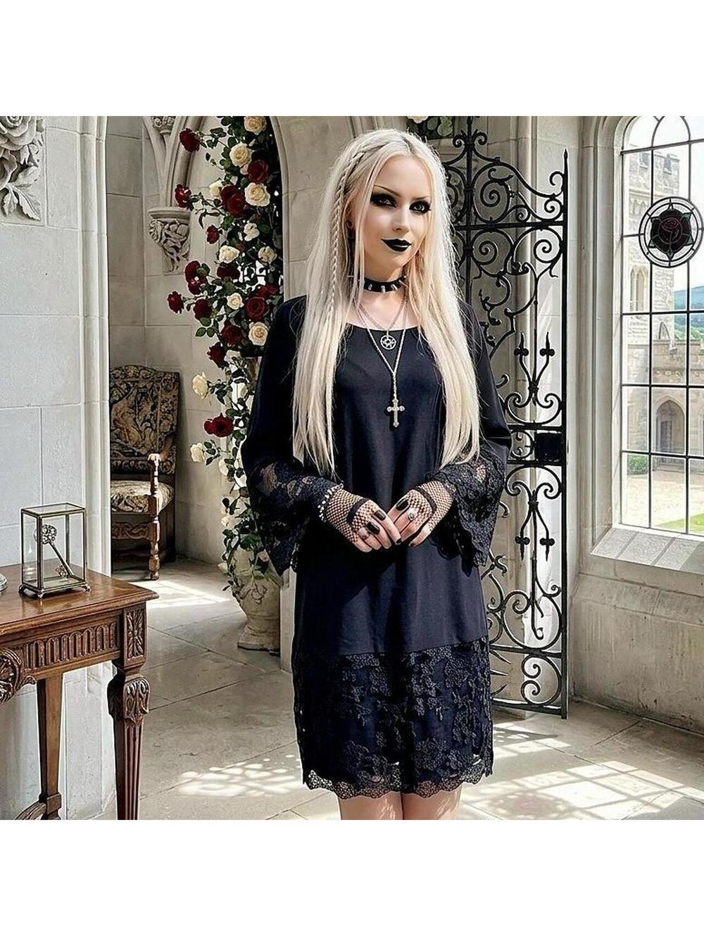 Black long sleeve dress with lace sleeves #fallfashion 150